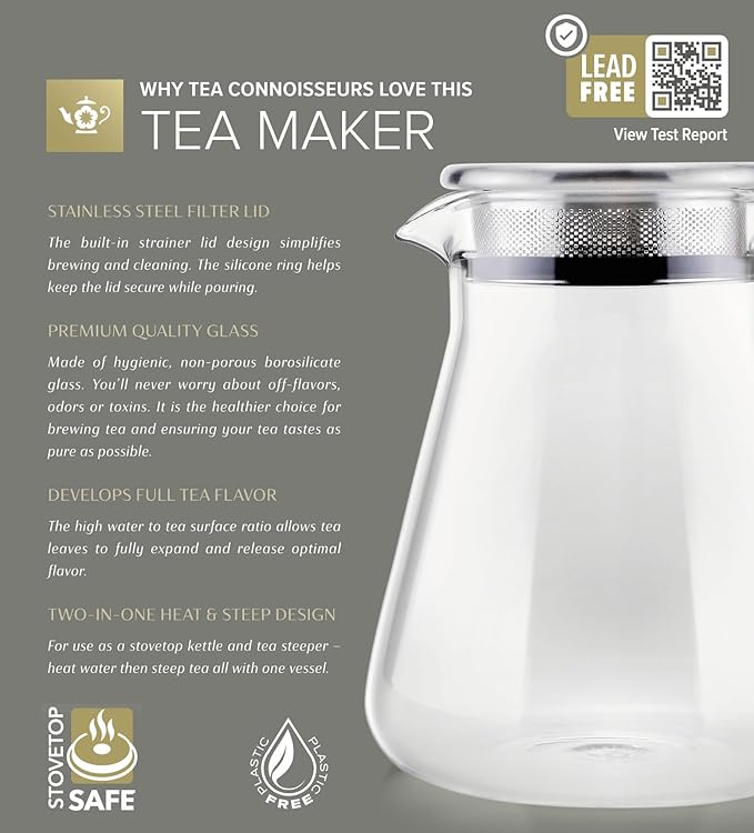 Teabloom One-Touch Tea Maker 2-in-1 Teapot and Kettle with Stainless Steel Filter Lid for Loose Tea – Stain-Free Borosilicate Glass Teapot (40 Oz) – Tea Connoisseur's Choice