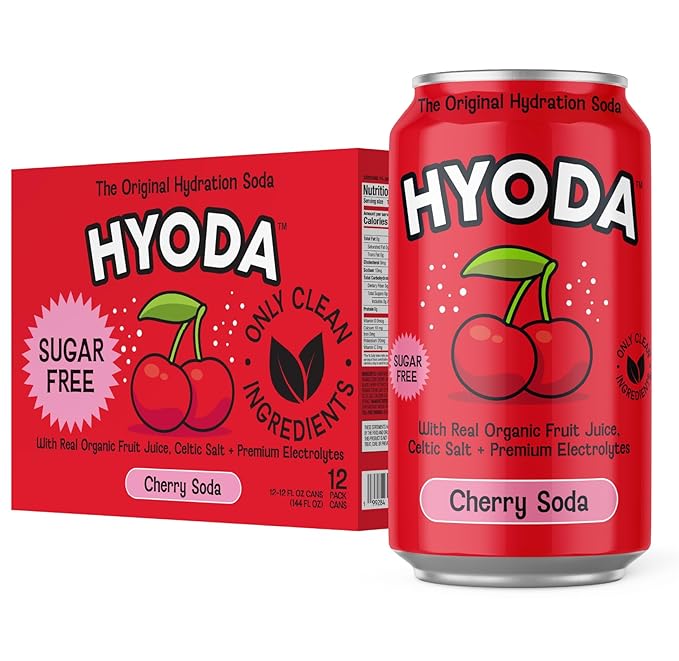 HYODA Cherry Soda Gluten Free and Vegan Sparkling Electrolyte Drink Made with Organic Cherry Juice Celtic Salt and Calcium Keto Zero Sugar Plant Based Caffeine Free 12 FL OZ Cans 12 Pack