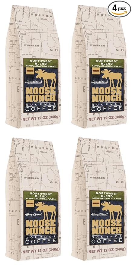 Moose Munch Northwest Blend Ground Coffee – 4 Pack 12 oz Bags – Cinnamon Hazelnut &amp Praline Flavored Medium Roast Coffee