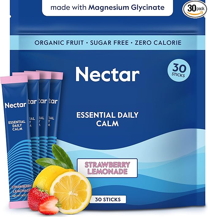Nectar Calm Magnesium Glycinate Drink Mix - Sugar Free &amp Zero Calorie - with Organic Ashwagandha Vitamin D L-Theanine Hydrating Electrolytes - Relax Focus &amp Calm - Non-GMO (Berry 30 Sticks