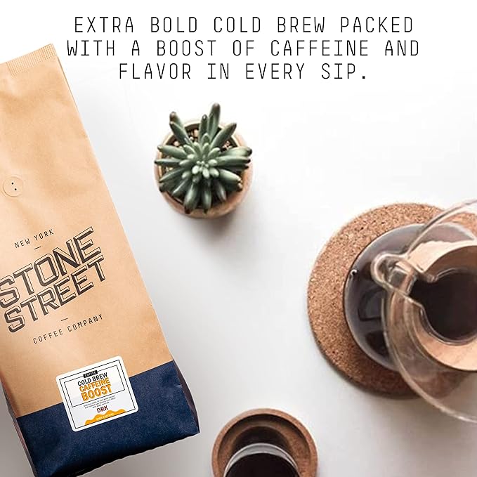 Stone Street Coffee Cold Brew Caffeine Boost Whole Bean 2 LB (32 oz) Dark Roast High Caffeine Strong Blend