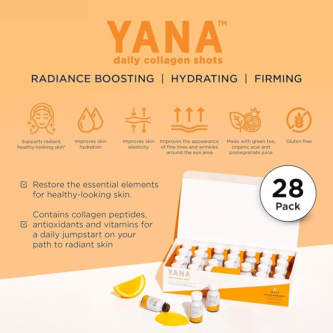 IMAGE Skincare YANA Liquid Collagen Shots 2500 mg Hydrolyzed Bovine Collagen Peptide Supplement with Biotin Natural Citrus Flavor 28 Daily Shots