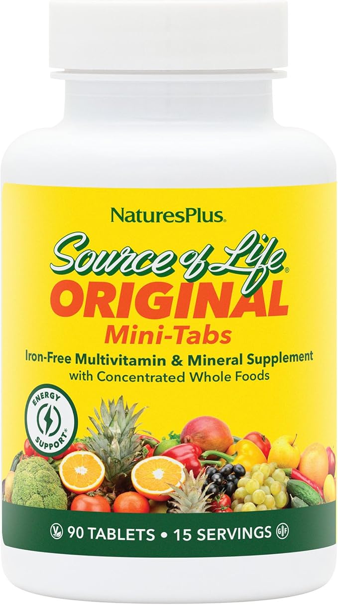 NaturesPlus Source of Life Mini-Tabs No Iron - 90 Vegetarian Mini Tablets - Easy to Swallow Natural Whole Food Multivitamin &amp Mineral Supplement for Health &amp Energy - 15 Servings