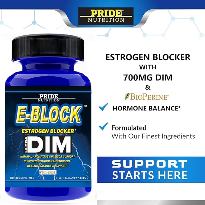 Pride Nutrition E-Block DIM Supplement 700MG Extra Strength Estrogen Blocker | Hormone Balance for Men and Women | M e n o p a u s e Acne Hot Flashes Relief PCT &amp P r o s t a t e Support 60 Ct.