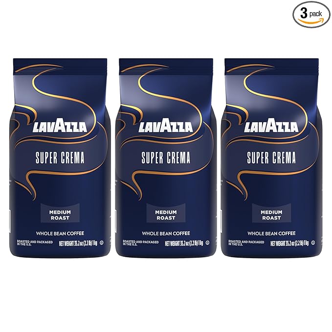 Lavazza Super Crema Whole Bean Coffee Medium Espresso Roast Arabica and Robusta Blend 2.2 lb Bag (Pack of 3)