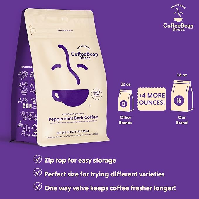 Coffee Bean Direct Peppermint Bark Flavored Whole Bean Coffee 1 Pound Bag (Pack of 1)