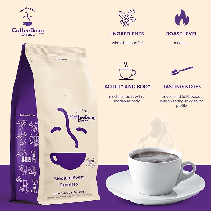 Coffee Bean Direct Medium Roast Espresso Whole Bean Coffee Perfect for Daily Brewing Medium Roast 2.5 Pound Bag (Pack of 1)