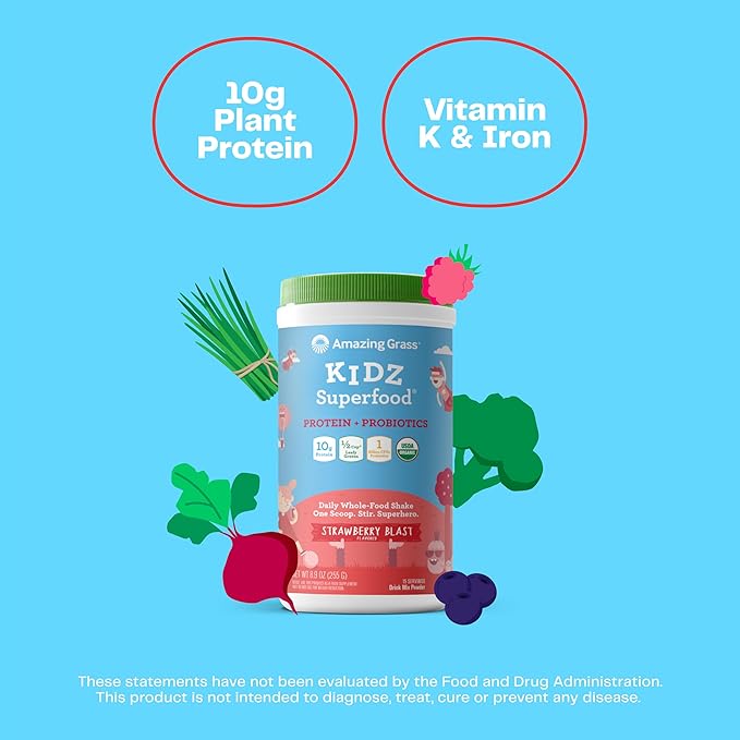 Amazing Grass Kidz Superfood: Vegan Protein &amp Probiotics for Kids with Beet Root Powder &amp 1/2 Cup of Leafy Greens Strawberry Blast 15 Servings