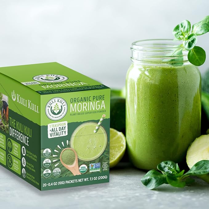 Kuli Kuli Moringa Oleifera Organic Leaf Powder &amp Green Smoothie 100% Pure USDA Certified &amp Non-GMO Moringa Powder Great with Smoothies Tea and Food 0.4 Ounce Pack of 20 (KK_PM)