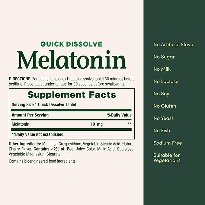 Nature's Bounty Melatonin 100% Drug Free Sleep Aid Dietary Supplement Promotes Relaxation and Sleep Health 10mg 45 Quick Dissolve Tablets (Pack of 3)
