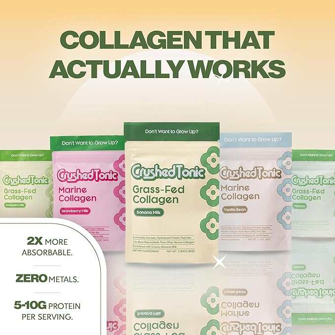 Crushed Tonic Korean Beauty Collagen Discovery Kit | Try Marine &amp Bovine Collagen Peptides | K-Beauty Sampler | Gluten-Free Halal &amp Kosher (Variety 3 Mini Pouches Sampler Kit)