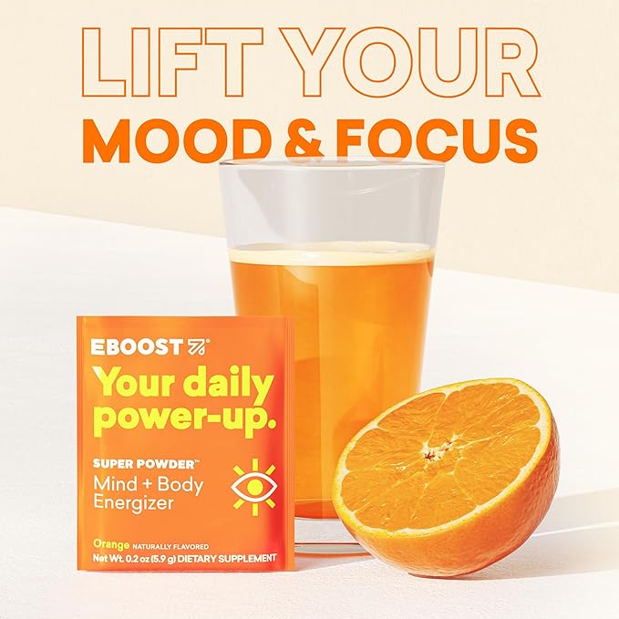 EBOOST Super Powder Drink Mix - Orange 0.2 oz 20 Pack Hydration Energizer Electrolytes Powder - 13 Vitamins &amp Minerals - 110 mg Caffeine - 0 Added Sugar - No Artificial Flavors or Sweeteners