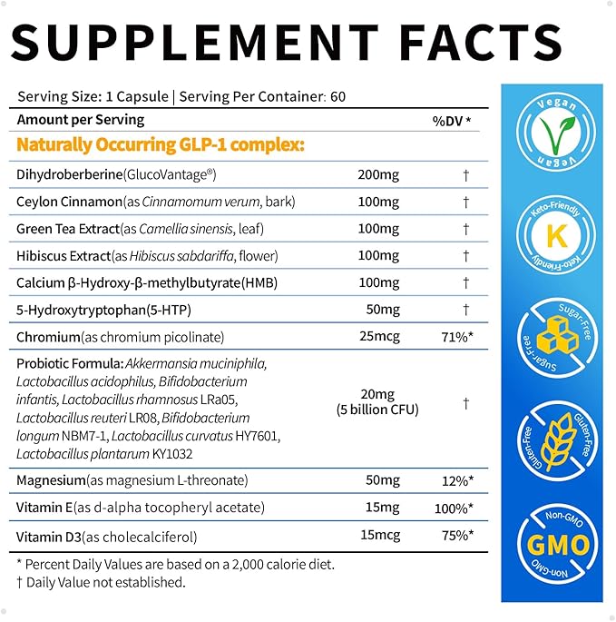 Bualle Support GLP-1 Supplement Weight Loss | GlucoVantage® DHB + Akkermansia Probiotic | Super Berberine with Ceylon Cinnamon for 5X Bioactive Appetite Metabolic Gut &amp GLP 1 Weight Loss 60ct