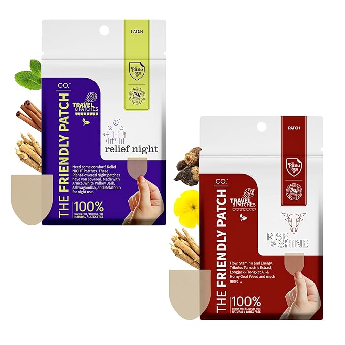 Relief Night &amp Rise &amp Shine Patch Bundle - Arnica Melatonin Tongkat Ali Ashwagandha Horny Goat Weed &amp Saffron for Sleep Soreness Strength &amp Performance - 16 Plant-Powered Patches