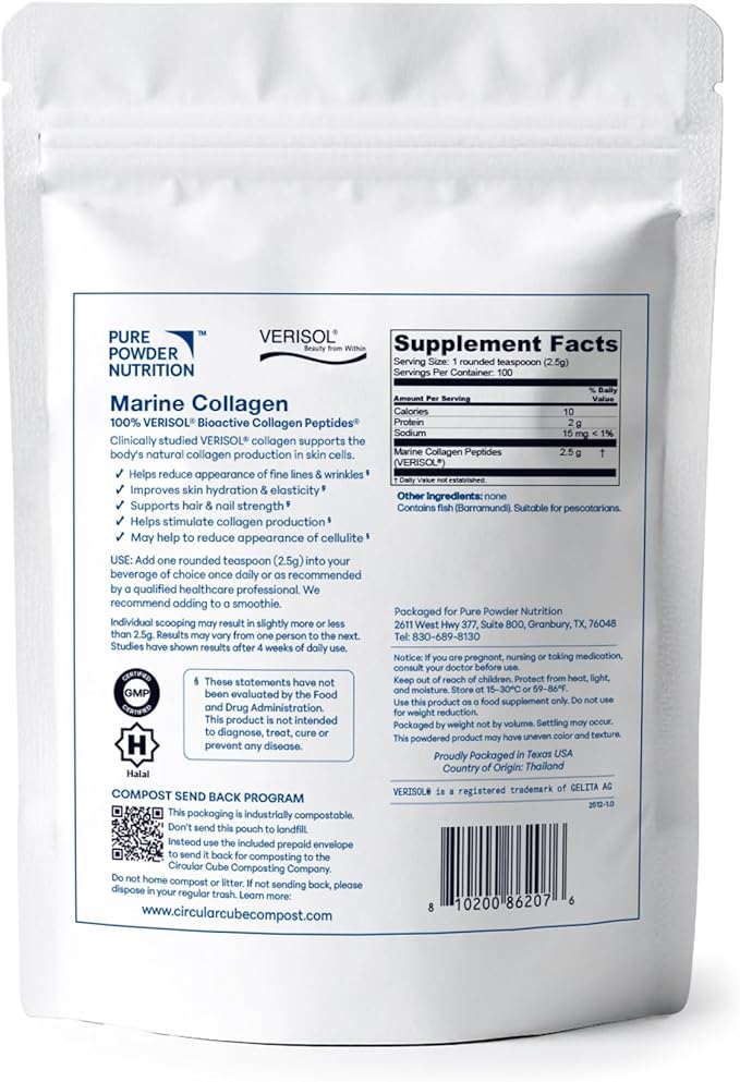 Skin Collagen with Marine VERISOL Collagen Peptides for Skin Hair &amp Nails | 30 Serves (No Flavor) | Powder