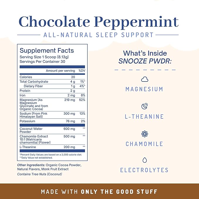 PWDRS Snooze Sleepy Time Hot Chocolate | All Natural Sleep Support | Magnesium Glycinate L Theanine Chamomile Electrolytes | 20 Calories Non GMO | Chocolate Peppermint