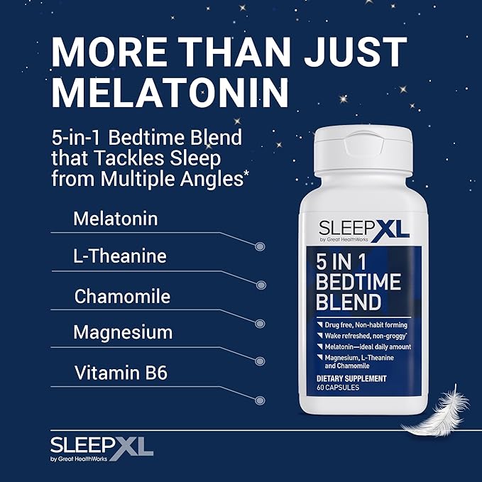 SleepXL Sleep Supplement Non-Habit-Forming Formula - Fall Asleep Faster &amp Sleep Longer - 5 key ingredients include Melatonin L-Theanine Chamomile Magnesium &amp Vitamin B6 (60 Capsules 30 Ser