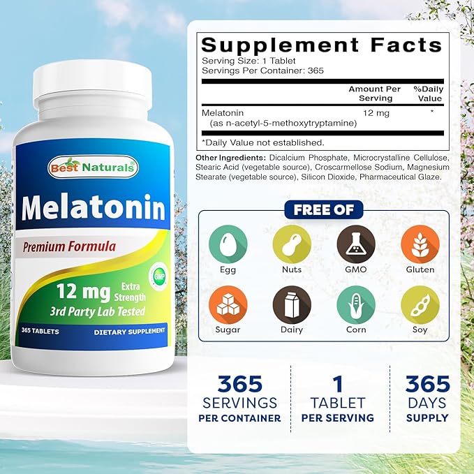 Best Naturals Melatonin 12 mg (1 Year Supply) - Drug-Free Nighttime Sleep Aid - Melatonin for Sleep and Relaxation 365 Count (365 Count (Pack of 3))