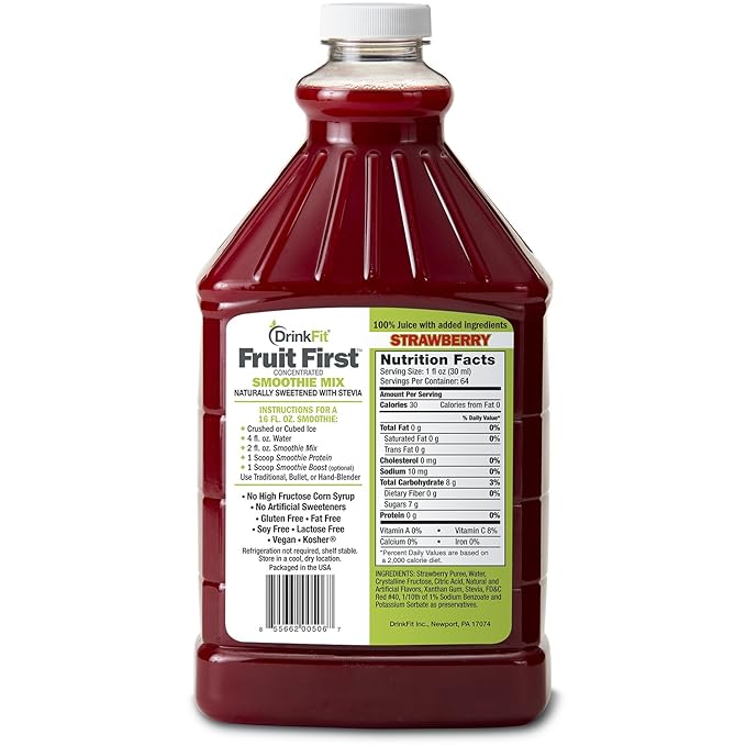 DrinkFit Fruit Smoothie | Real Fruit Puree Low Sugar Gluten-Free &amp Non-GMO Strawberry Smoothie Mix - Makes 32 Smoothies 64 Fl Oz (Strawberry)