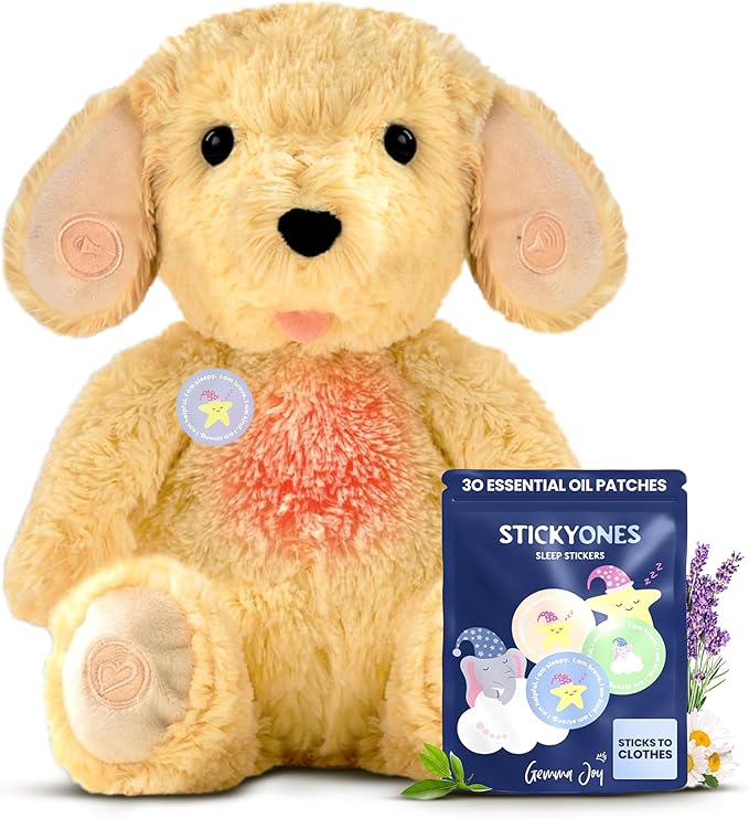 Gemma Joy Bedtime Baby Soothers &amp StickyOnes Sleep Patches - Cry Activated Heartbeat Puppy Plush Toy Stuffed Animal with Calming Light &amp All-Natural No Melatonin Bedtime Patches for Kids and