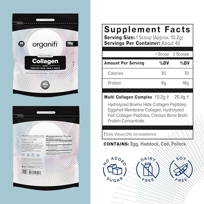 Organifi Collagen Powder - Fuller Hair Stronger Nails and Radiant Skin - Replenish and Rebuild Your Body - Gluten-Free Dairy-Free and Soy-Free Hydrolyzed Multi Collagen Peptides 30 Servings