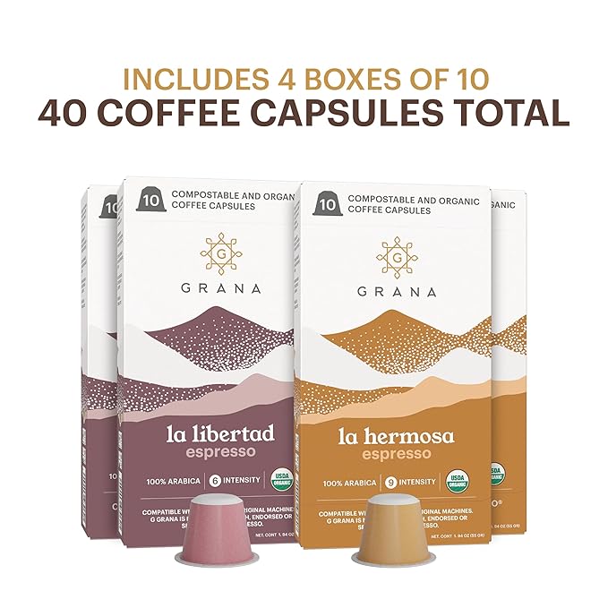 G GRANA Coffee Pods Compatible with Nespresso OriginalLine 40 Count Dark and Medium-Dark Roast USDA Organic 100% Arabica Single Source Specialty Coffee Compostable Single Serve Capsules