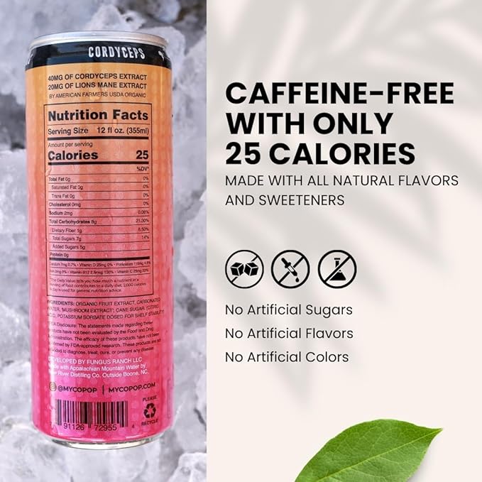 Mycopop Functional Mushroom Energy Drink Caffeine-Free 25 Calories with Lions Mane &amp Cordyceps Hibiscus Ginger Lemon Flavor 12 fl oz