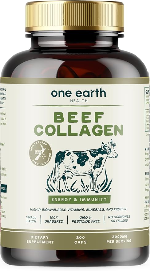 One Earth Health Grass Fed Beef Collagen - New Zealand Sourced Natural Collagen Supplement. (Types I II III V and X) 3000mg per Serving 200 Count