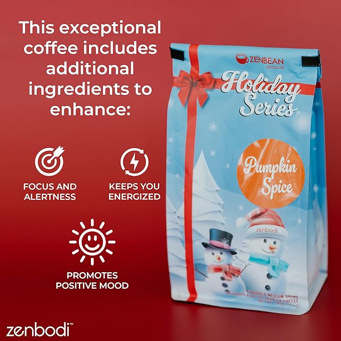 Zenbean Holiday Series Pumpkin Spice - Flavored Holiday Coffee Medium Grind Infrared Roasted Arabica Coffee Low Acid with Rhodiola Rosea and L-Theanine Makes 20 Servings 12 Ounce Bag