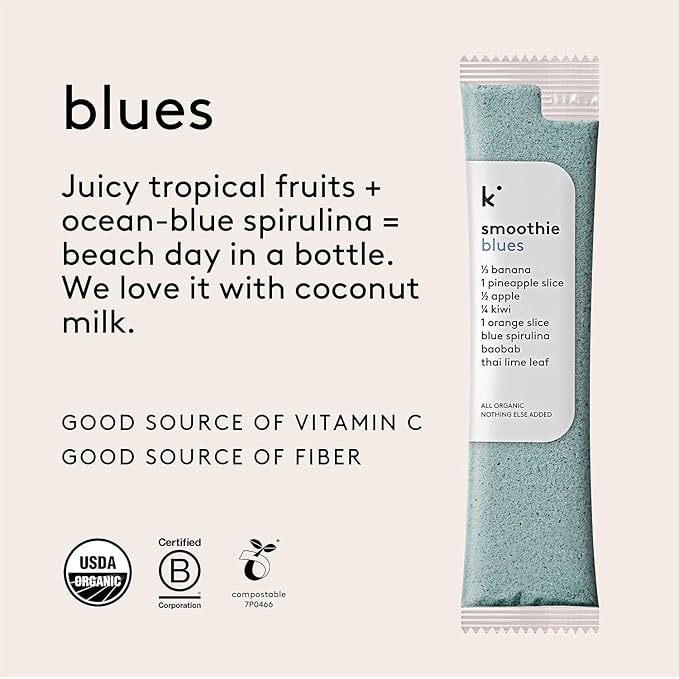 kencko Blues Smoothie Mix Packets - 8 Instant Breakfast Smoothies Made of Nature’s Original Superfoods - Pineapple Kiwi Banana Blue Spirulina &amp More - Organic Fruit &amp Veggie Healthy Smoothi