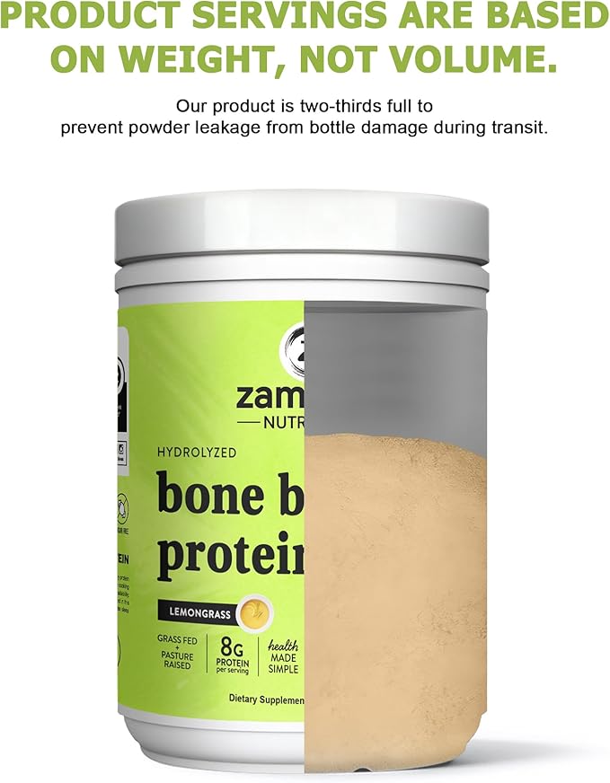 Zammex Beef Bone Broth Protein Powder - Grass-Fed Hydrolyzed Collagen 8g Protein per Serving Supports Hair Skin and Joint &amp Bone Health Keto Paleo Friendly 30 Servings - Lemongrass