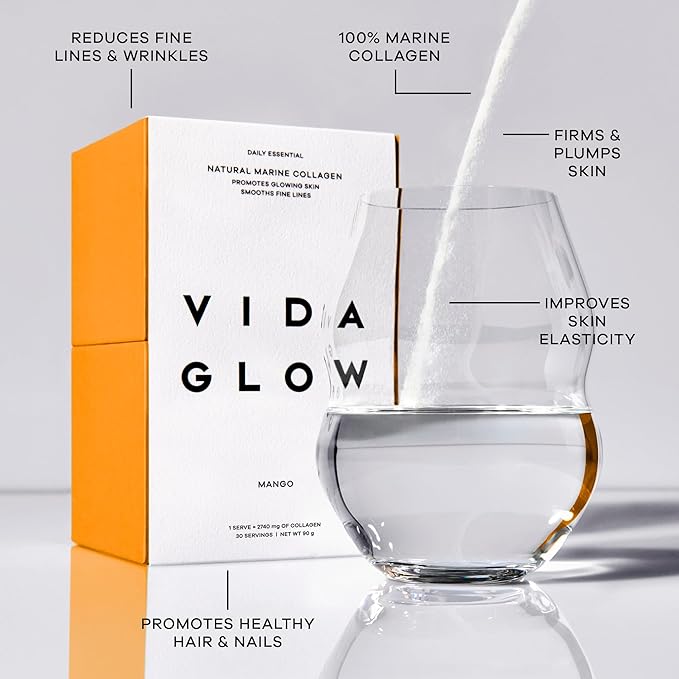 Vida Glow Marine Collagen Powder - Anti Aging Supplement with Collagen Peptides Promotes Glowing Skin Strong Nails Healthy Hair | 30 Servings Mango Flavor