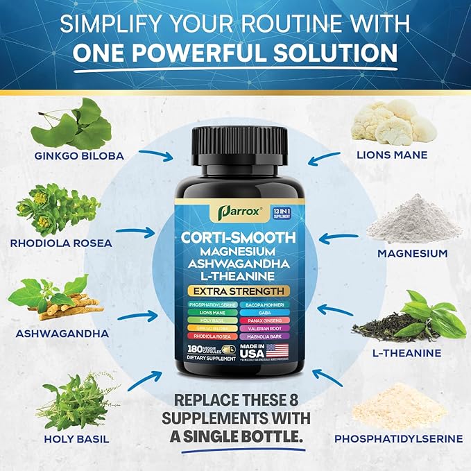Corti-Smooth Cortisol Supplement Magnesium L-Theanine Ashwagandha Magnolia Bark Panax Ginseng Bacopa Monnieri GABA Lions Mane Ginkgo Biloba Phosphatidylserine Valerian Root (180 Caps)