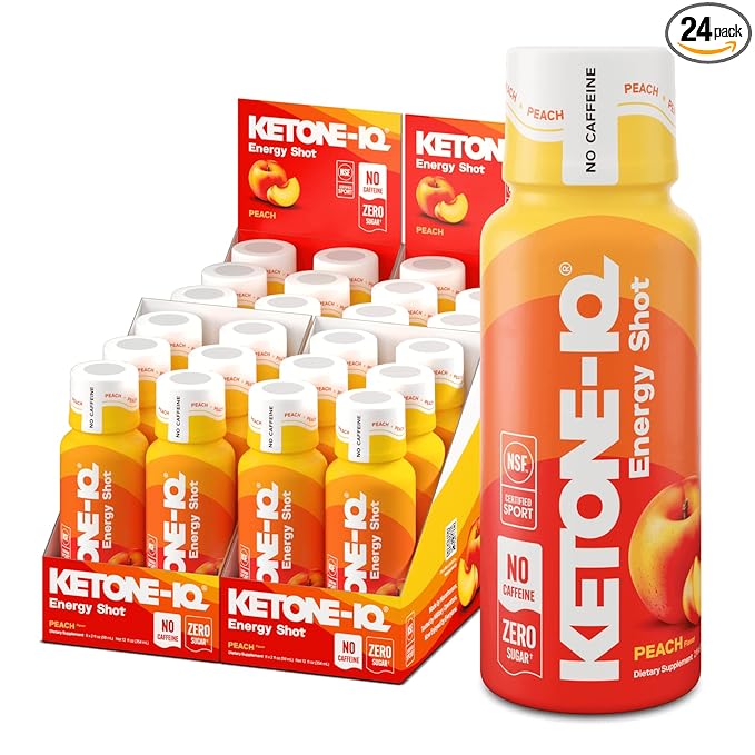 Ketone-IQ No Caffeine Exogenous Ketones Energy Shots - 24 Pack of Caffeine Free Energy Drinks with 10g Ketones - Sugar Free Salt Free and All Natural (Peach)