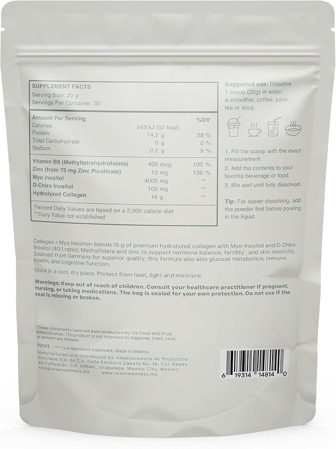 MYO INOSITOL Collagen+ 600 g Unflavored | Myo-Inositol &amp D-Chiro Inositol (40:1) Hydrolyzed Collagen Folate Zinc &amp Vitamin B6| Hormonal Balance Fertility Skin Hair &amp Nail Support