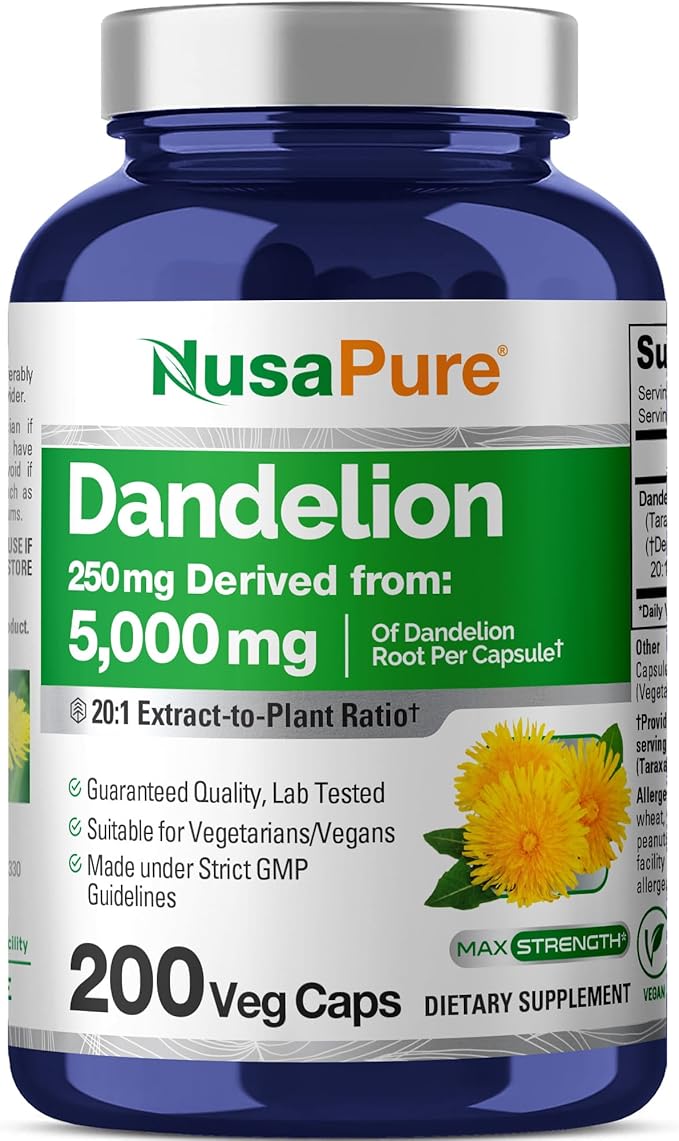 NusaPure Dandelion Root 20:1 Extract 250 mg Equivalent to 5000mg 200 Veg Capsules (Vegan Non-GMO)