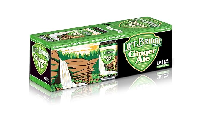Lift Bridge Ginger Ale Natural Ginger Flavor Real Cane Sugar Craft Soda Gluten-free Caffeine-free Vegan 12 pack 16 oz Cans