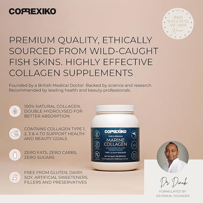 CORREXIKO Marine Collagen Powder Supplement Unflavored - 1kg &amp 5oz Bundle - 10000mg Double Hydrolyzed Collagen Peptides per Serving - Formulated for Maximum Absorption - Hair Skin &amp Nails
