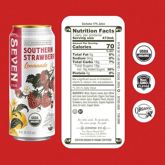 SevenTeas Southern Strawberry Lemonade 16 OZ (Pack of 12 Cans) Organic