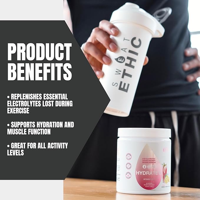Sweat Ethic Hydrate’D Electrolytes Electrolyte Powder with Potassium Magnesium &amp Vitamin C Easy Mix Powder for Hydration &amp Performance Support Pink Lemonade Flavor 60 Servings