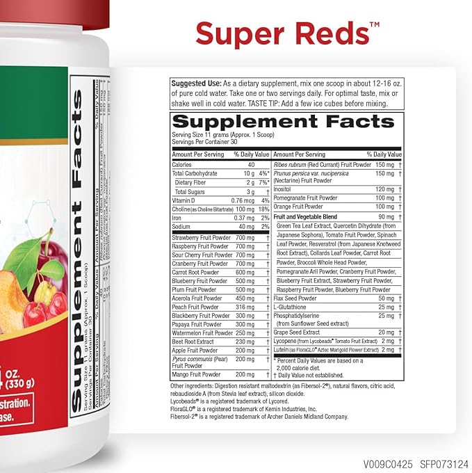 Purity Products Super Reds Powder Phytonutrient Superfood Drink Mix w/FloraGLO Lutein - Phytonutrient Blend containing Polyphenols Antioxidants &amp More - 330 Grams - 30 Day Supply