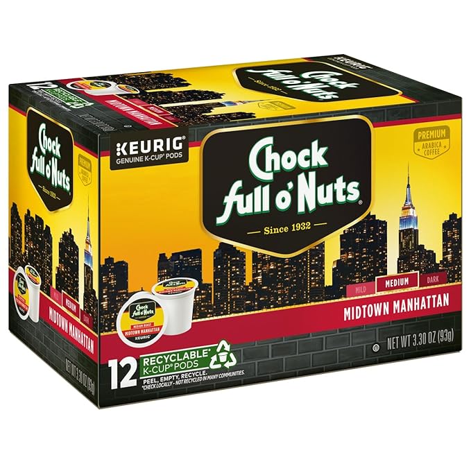 Chock Full o'Nuts Midtown Manhattan Coffee Compatible with K-Cup Pods 12 CT (Pack of 3)