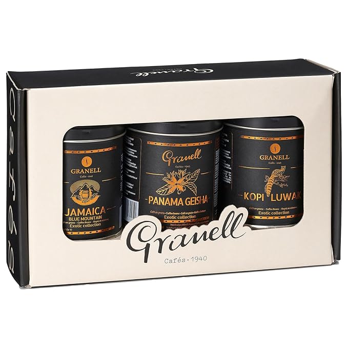 Cafés Granell Kopi Luwak Jamaica Blue Mountain &amp Panama Geisha Coffee 3 Pack Gift Set | Exotic Collection Fresh Whole Beans Quality Controlled 100% Arabica Coffee-Premium Medium Roast 3.53oz ea.