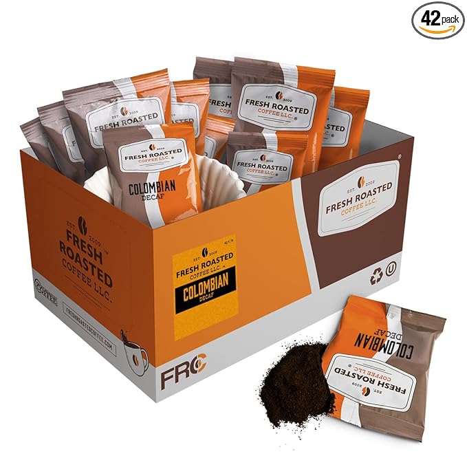 Fresh Roasted Coffee 100% Colombian Decaf Kosher EA Natural Decaf Pre-Ground Fractional Packs 1.75 Ounce 42 Count