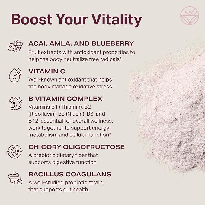 Proper The Purples Nutrient-Dense Superfood Powder - Antioxidant Supplement and Cellular Support – Acai Amla Blueberry Vitamin C B Vitamins &amp More - Enhanced with Prebiotic Fiber &amp Probio