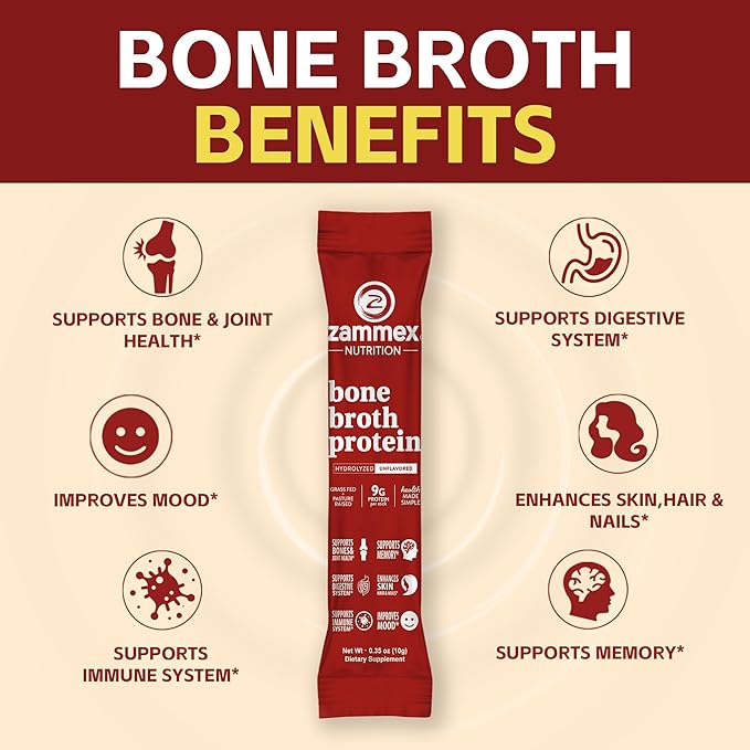 Zammex Bone Broth Collagen Packets-18g Collagen Protein-Bone Broth Powder to Go-30 Travel Packets-Supports Skin Nails Joints Gut Health | Gluten-Free |Keto &amp Paleo Friendly-Natural Flavor