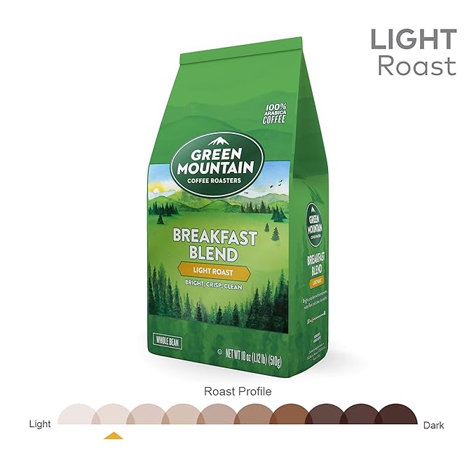 Green Mountain Coffee Roasters Breakfast Blend Whole Bean Coffee Bagged 18 oz (Pack of 2)
