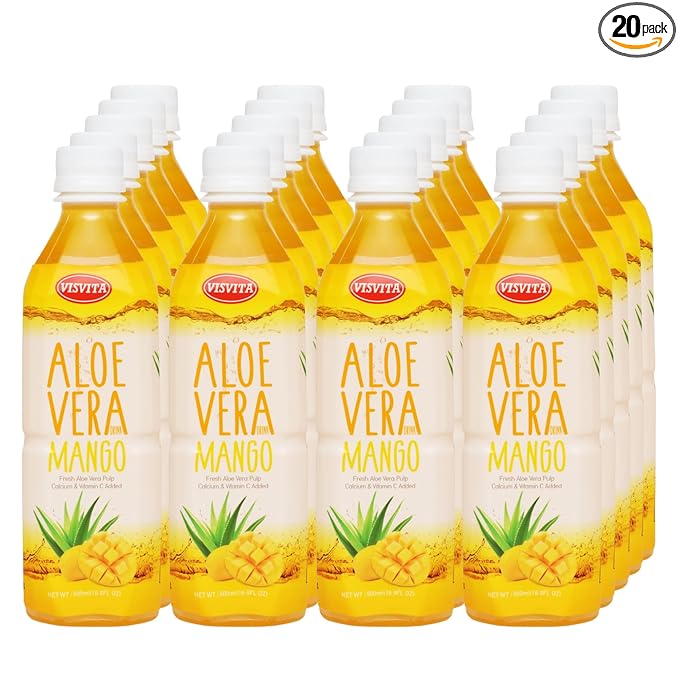 VISVITA Aloe Vera Juice with Real Pulp Mango | Digestive Health Hydration &amp Energy Boost | No Artificial Colors 16.9 oz (Pack of 20)