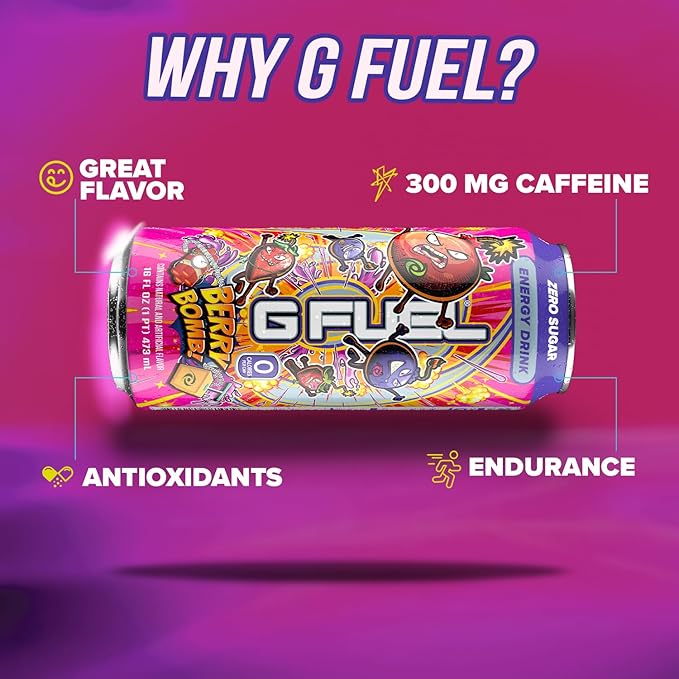 G Fuel Energy Drink Berry Bomb Sugar Free Carbonated Beverage with 300mg Caffeine Daily Energy Boost with Focus Amino Vitamin + Antioxidants 16 oz Cans (Berry Bomb 12-Pack)