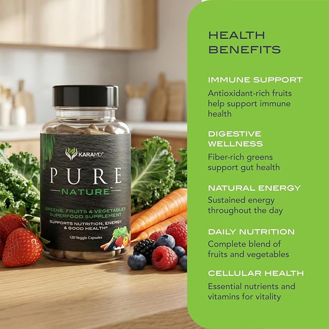 KaraMD Pure Nature | Greens Fruit and Veggies Supplement | Vitamins Fiber &amp Antioxidants | 20 Fruits and Vegetables Supplements for Energy &amp Digestion | Gluten Free &amp Vegan Friendly (3 P
